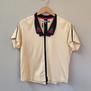 Jamie Sadock Short Sleeve Cotton Top Sz Large Cream Black Pink Abstract Details